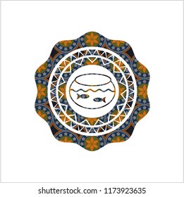 fishbowl with fish icon inside arabic badge background. Arabesque decoration.