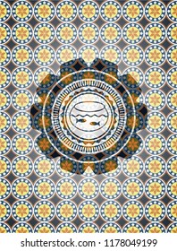 fishbowl with fish icon inside arabic emblem background. Arabesque decoration.