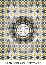 fishbowl with fish icon inside arabic style emblem. Arabesque decoration.