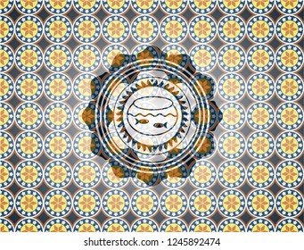 fishbowl with fish icon inside arabic style emblem. Arabesque decoration.