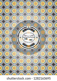 fishbowl with fish icon inside arabic badge background. Arabesque decoration.