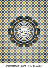 fishbowl with fish icon inside arabic emblem background. Arabesque decoration.