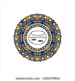 fishbowl with fish icon inside arabic emblem. Arabesque decoration.