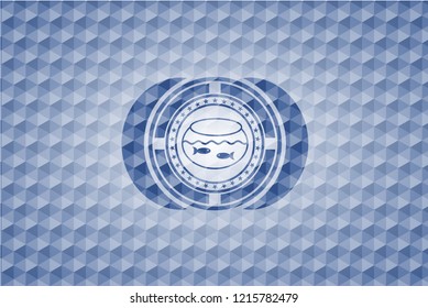 fishbowl with fish icon inside blue polygonal emblem.