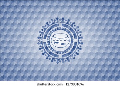 fishbowl with fish icon inside blue emblem or badge with abstract geometric polygonal pattern background.