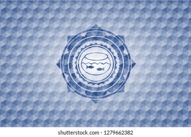 fishbowl with fish icon inside blue polygonal emblem.