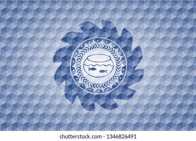 fishbowl with fish icon inside blue emblem or badge with abstract geometric pattern background.