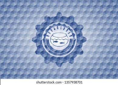 fishbowl with fish icon inside blue emblem with geometric background.