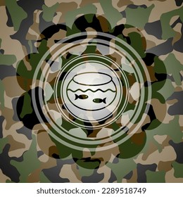 fishbowl with fish icon inside camouflage emblem. 