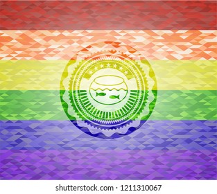 fishbowl with fish icon inside emblem on mosaic background with the colors of the LGBT flag