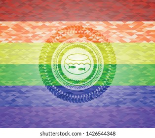 fishbowl with fish icon inside emblem on mosaic background with the colors of the LGBT flag