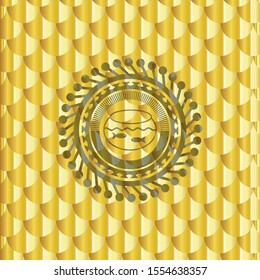 fishbowl with fish icon inside golden emblem. Scales pattern. Vector Illustration. Detailed.