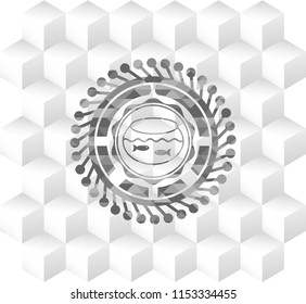 fishbowl with fish icon inside grey badge with geometric cube white background