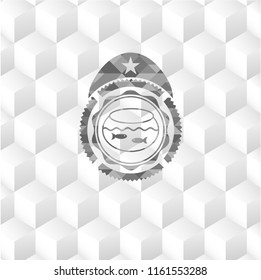 fishbowl with fish icon inside grey emblem with geometric cube white background