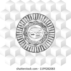 fishbowl with fish icon inside grey icon or emblem with geometric cube white background