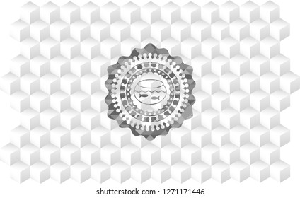 fishbowl with fish icon inside grey emblem. Vintage with geometric cube white background