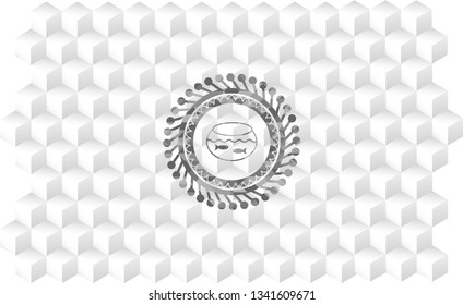 fishbowl with fish icon inside grey emblem with geometric cube white background