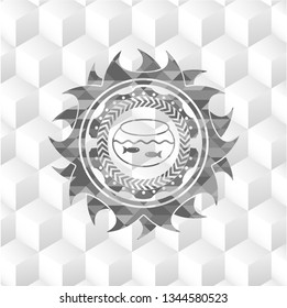 fishbowl with fish icon inside grey emblem. Retro with geometric cube white background