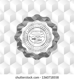 fishbowl with fish icon inside grey badge with geometric cube white background