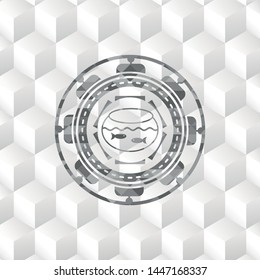fishbowl with fish icon inside grey badge with geometric cube white background