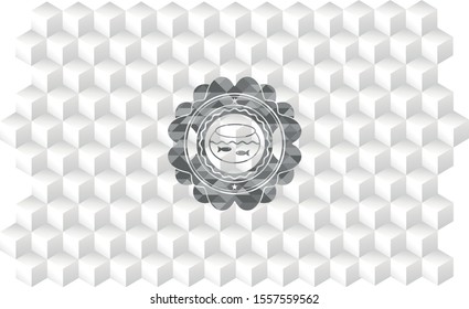 fishbowl with fish icon inside grey emblem with geometric cube white background
