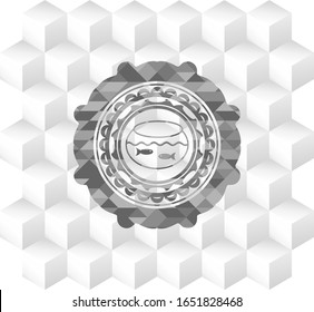 fishbowl with fish icon inside grey emblem. Retro with geometric cube white background