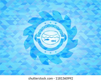 fishbowl with fish icon inside light blue emblem. Mosaic background