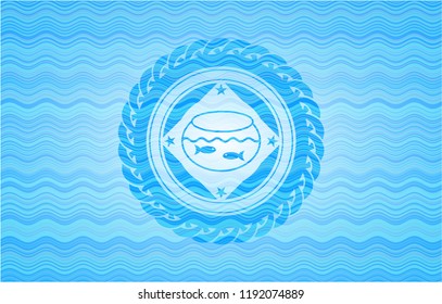 fishbowl with fish icon inside light blue water emblem background.