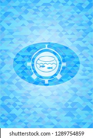 fishbowl with fish icon inside light blue mosaic emblem