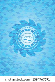 fishbowl with fish icon inside light blue emblem with mosaic background
