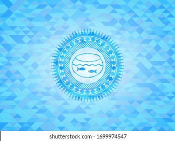 fishbowl with fish icon inside light blue emblem with mosaic background