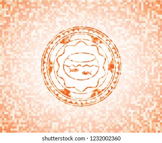 fishbowl with fish icon inside orange mosaic emblem