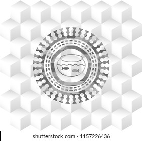 fishbowl with fish icon inside realistic grey emblem with cube white background