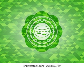 fishbowl with fish icon inside realistic green emblem. Mosaic background. 