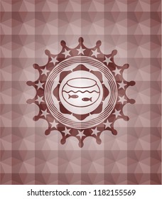 fishbowl with fish icon inside red emblem or badge with abstract geometric polygonal pattern background. Seamless.