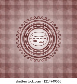 fishbowl with fish icon inside red emblem or badge with abstract geometric polygonal pattern background. Seamless.