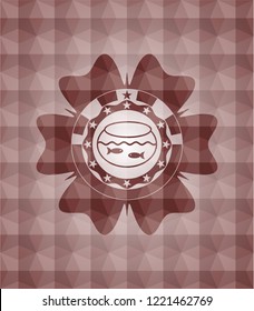 fishbowl with fish icon inside red seamless emblem with geometric pattern background.