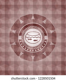 fishbowl with fish icon inside red emblem or badge with geometric pattern background. Seamless.