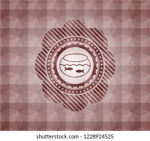 fishbowl with fish icon inside red emblem with geometric pattern background. Seamless.