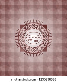 fishbowl with fish icon inside red emblem with geometric pattern. Seamless.