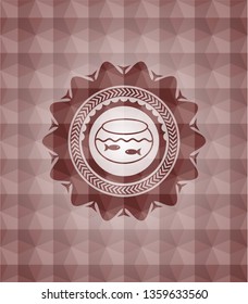 fishbowl with fish icon inside red seamless emblem with geometric background.