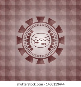 fishbowl with fish icon inside red seamless badge with geometric pattern.