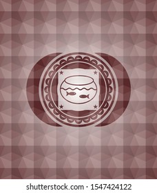 fishbowl with fish icon inside red badge with geometric background. Seamless.