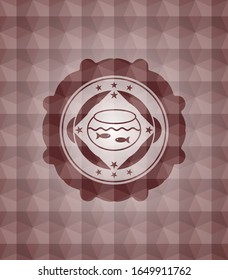 fishbowl with fish icon inside red emblem or badge with abstract geometric pattern background. Seamless.