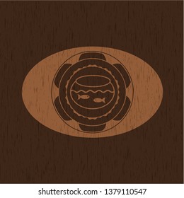 fishbowl with fish icon inside retro wooden emblem