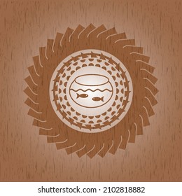 fishbowl with fish icon inside retro wood emblem. 