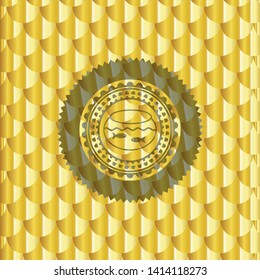 fishbowl with fish icon inside shiny golden badge. Scales pattern. Vector Illustration. Detailed.