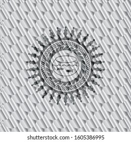 fishbowl with fish icon inside silver shiny badge. Scales pattern. Vector Illustration. Detailed.