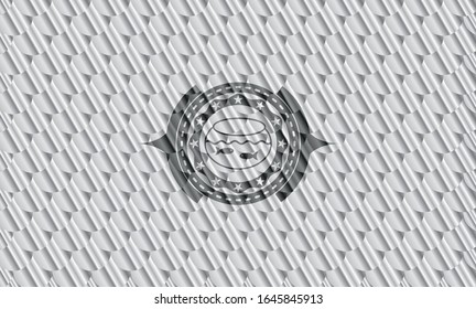 fishbowl with fish icon inside silver badge or emblem. Scales pattern. Vector Illustration. Detailed.