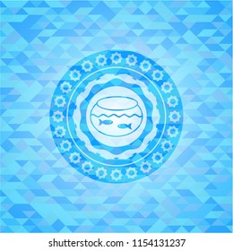 fishbowl with fish icon inside sky blue emblem with triangle mosaic background